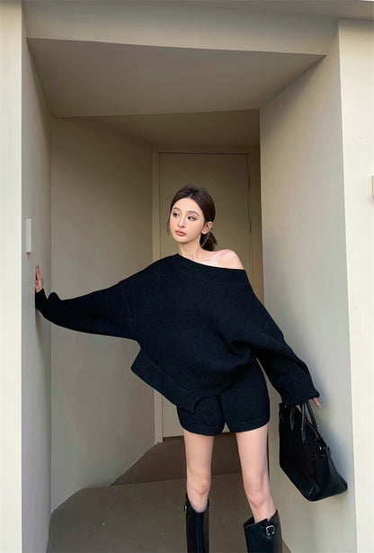 Apr. 美式慵懶 松露黑針織不規則上衣 短褲