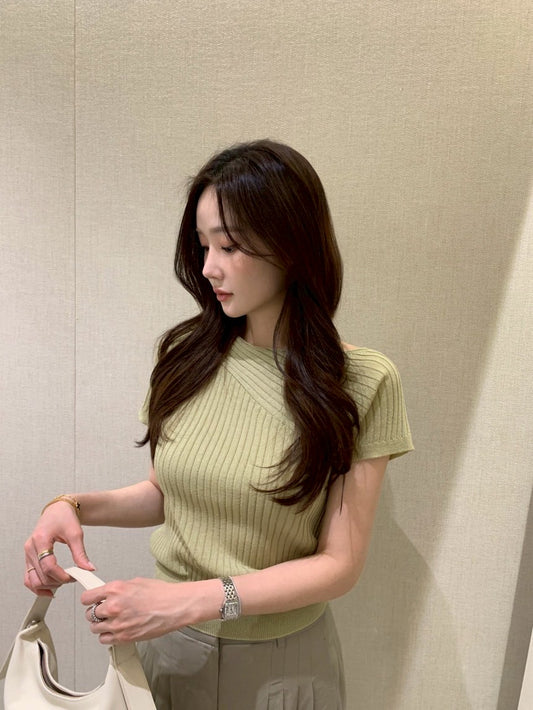 25Aug. 氣質不規則豎坑紋針織上衣 果綠/墨綠