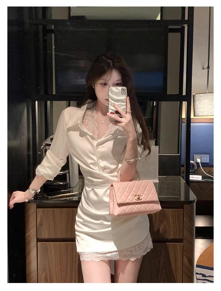 26Feb. 氣質韓女緞面純欲蕾絲收腰襯衫裙