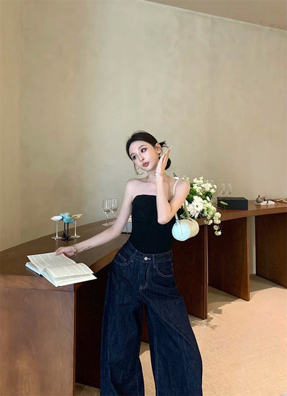 Jun. 古典攻略 魚骨曲線修身抹胸 黑 遮胯寬顯瘦高腰牛仔褲