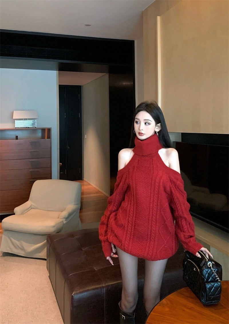 Feb. 復古序曲 麻花高領露肩針織上衣 紅