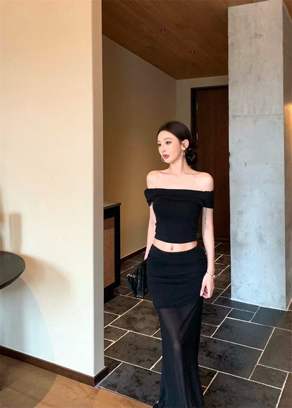 Jun. 淺辣girl 復古一字領透紗半身裙套裝 黑