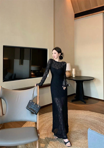 May. Backless dress歐美透視感疊穿連身裙（含內搭）黑