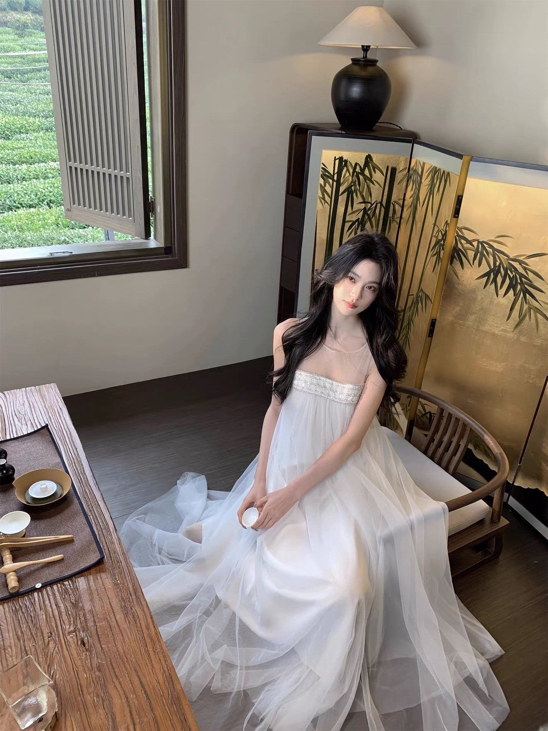 26Jul. 冰澗 柔霧感手工白紗繡珠連身裙/套裝 白