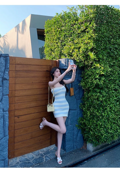 Mar. 外灘島季 寶寶藍條紋針織抹胸連身裙