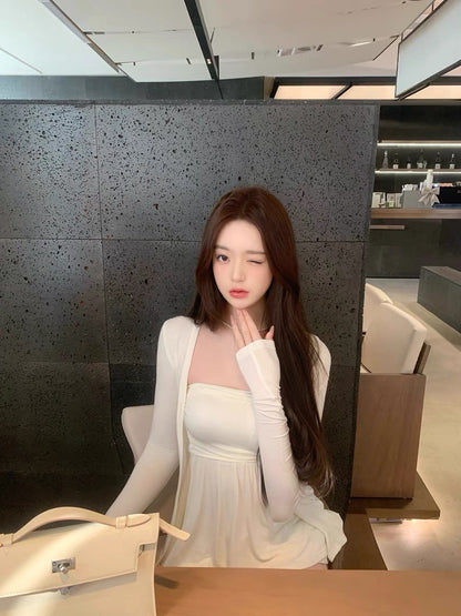 May. 溫柔韓系 加胸墊抹胸上衣外套2件套 米/粉