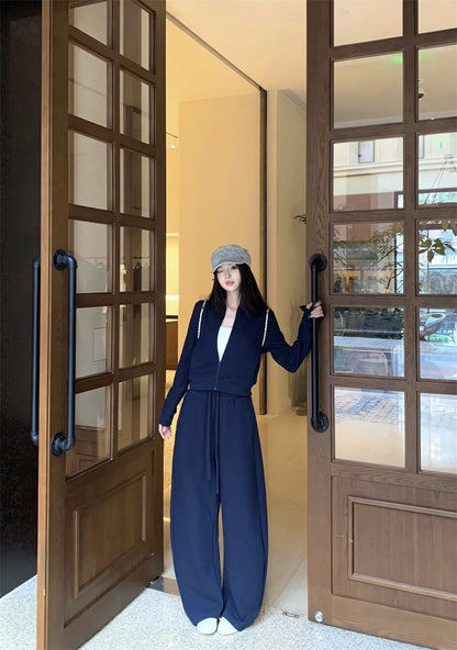 26Jan. 休閒運動華夫格立領外套休閒褲套裝 藏青/杏