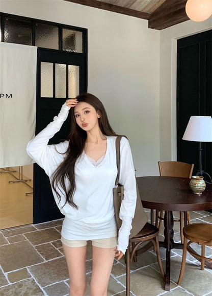 Jun. 戀夏告白 蝙蝠袖V領包覆下擺長袖上衣 白