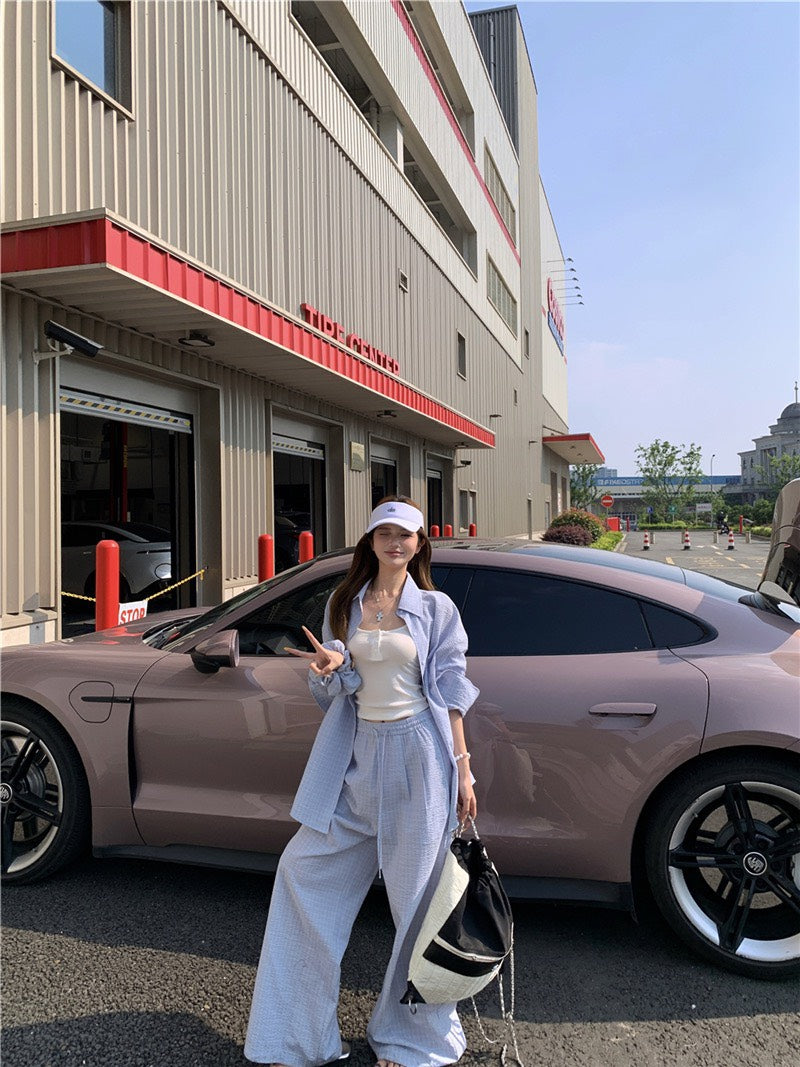 Jun. 奶藍泡芙休閒輕氧格紋襯衫 同花紋休閒褲 淺藍格紋