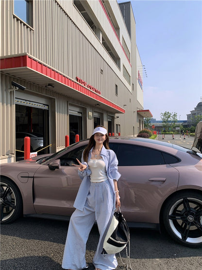 Jun. 奶藍泡芙休閒輕氧格紋襯衫 同花紋休閒褲 淺藍格紋