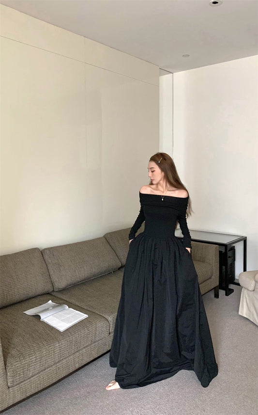 26Jan. 長期主義針織一字領拼接赫本連身裙 黑/白