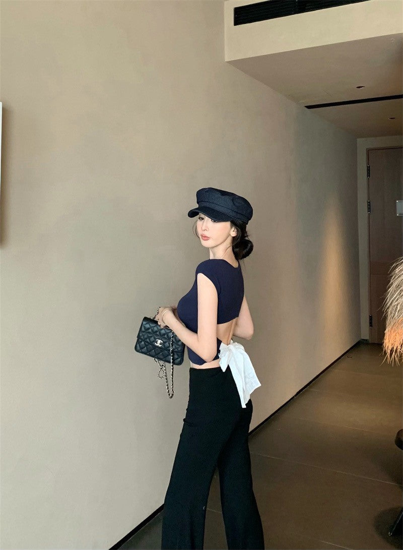 25Jul. 甜心側擊 正肩蝴蝶結露腰修身上衣 藍