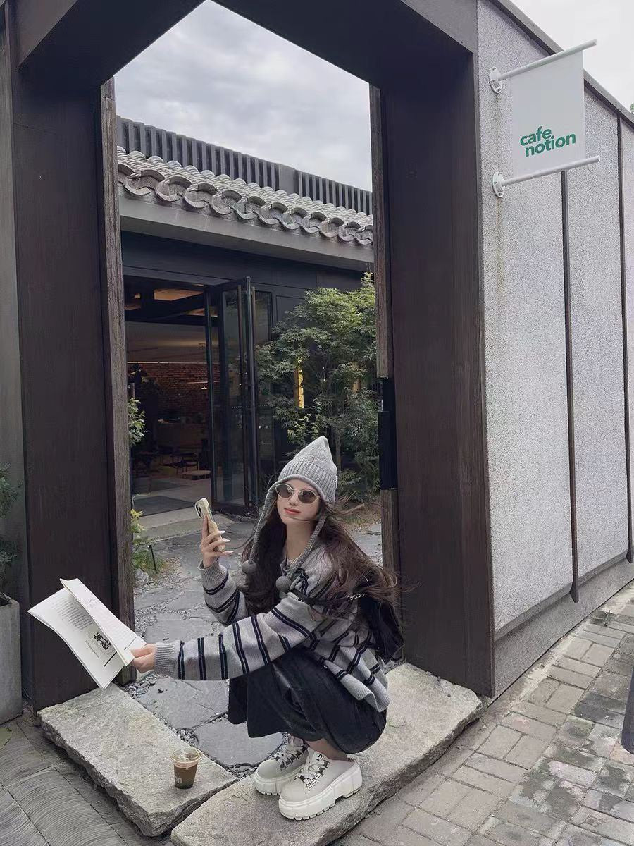 26Feb. 學院chic條紋通勤圓領開衫 灰