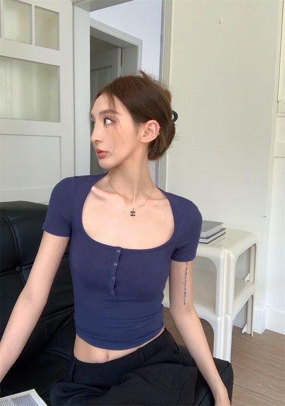 Jun. 歐美復古顯瘦鈕扣領短款上衣 3色