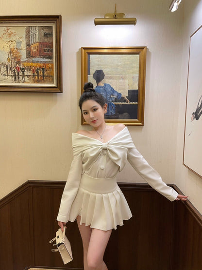 Mar. 絕美宴會 蝴蝶結一字領排扣兩穿上衣 杏