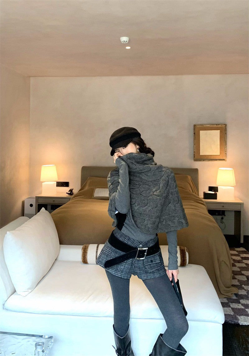 25Dec. 斗篷均碼多用法式花紗針織/英格蘭復古格紋短褲 灰色系