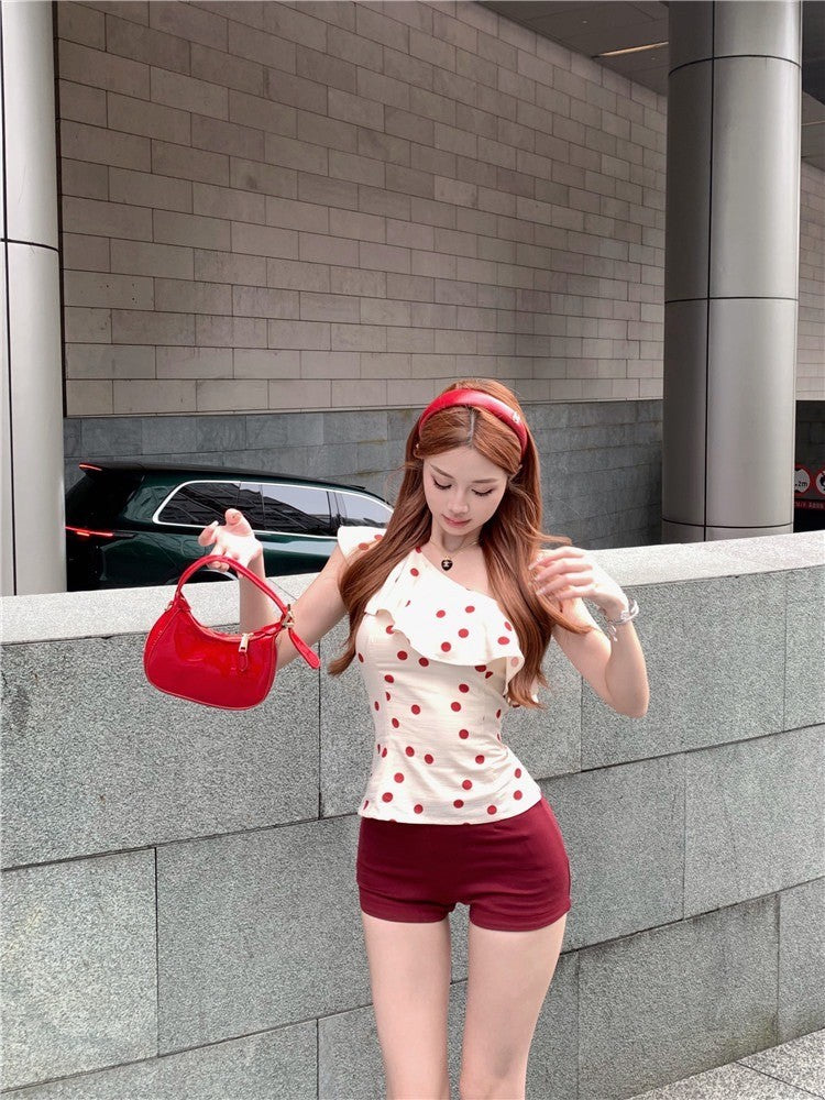 Sep. 復古波點 荷葉斜領上衣