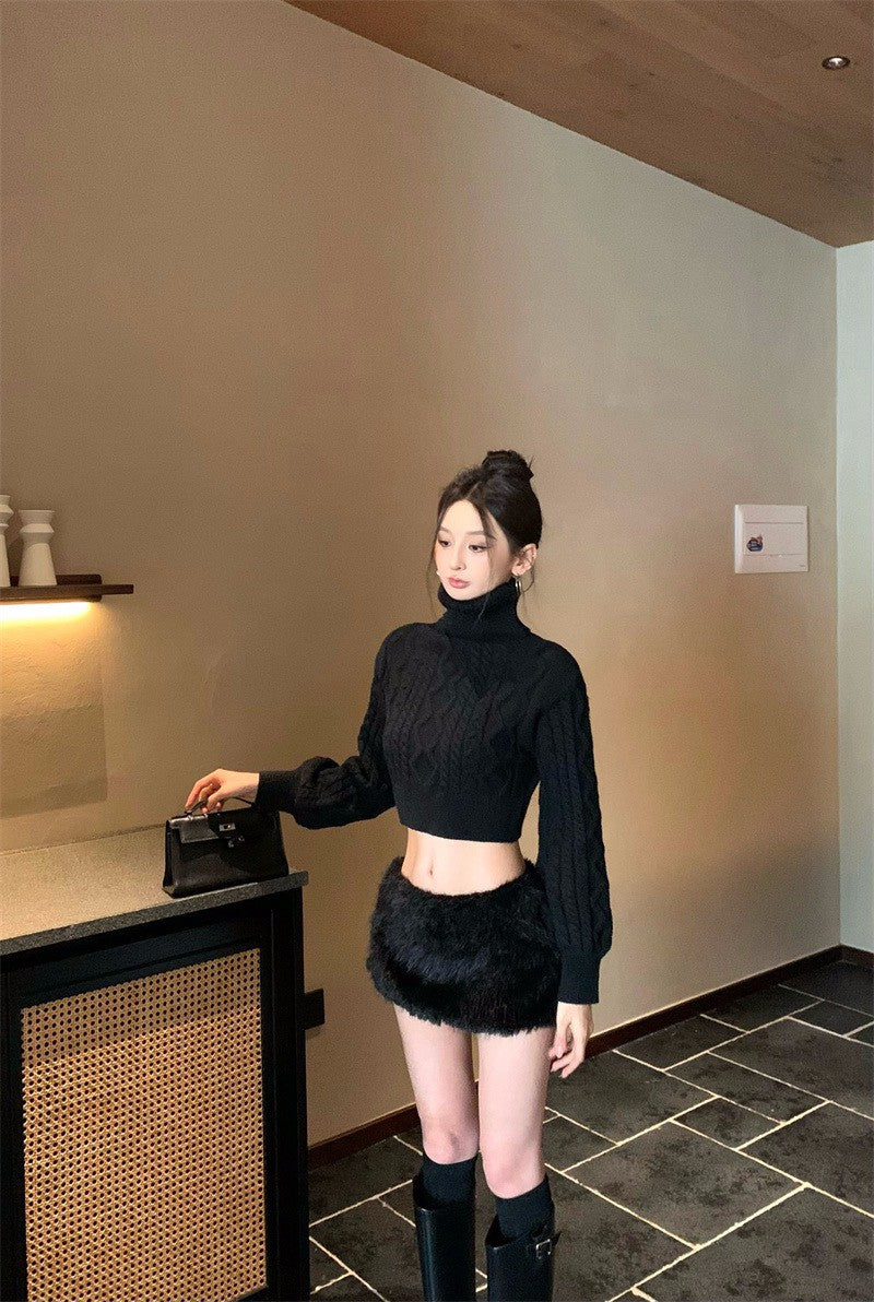 26Jan.精緻姐姐兩穿高彈麻花針織上衣 辣妹毛毛褲裙 黑