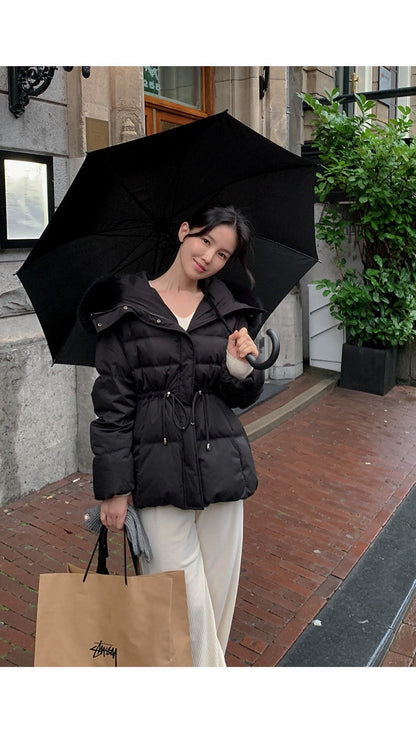 25Dec. 雪絨奶芙毛毛帽收腰羽絨外套 黑