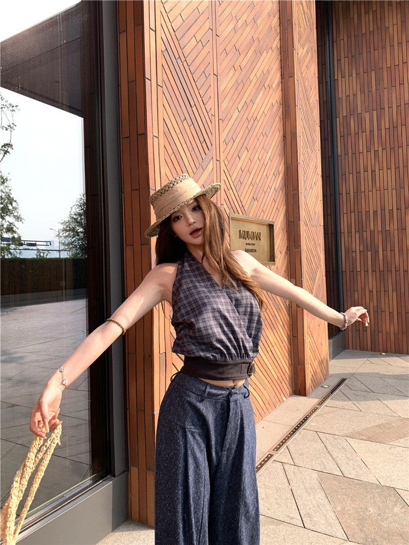 Jun. Spicy辣妹私服 復古格紋掛脖上衣 高腰休閒褲