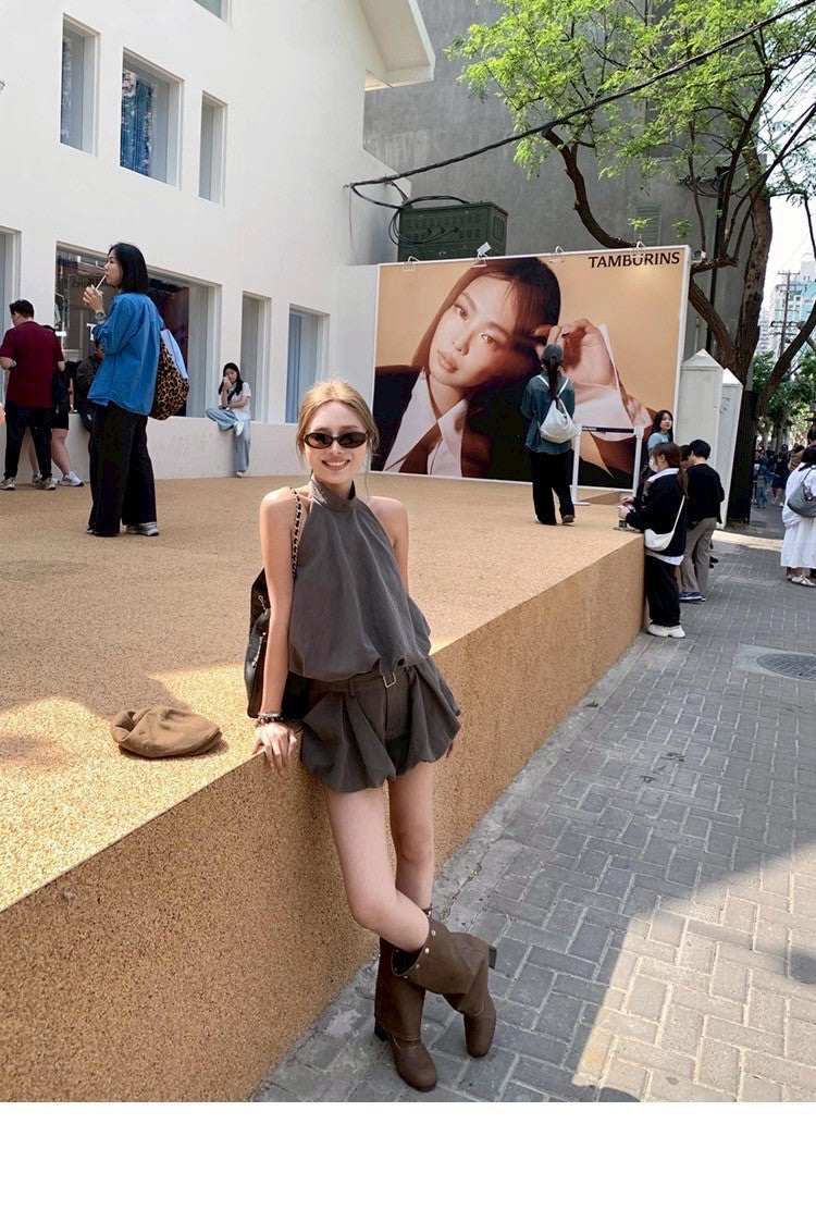 25Jul. 金珍妮同款私服 工裝掛脖花苞背心套裝