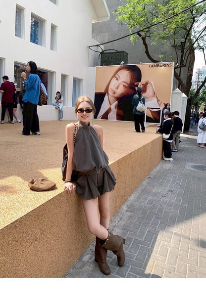 25Jul. 金珍妮同款私服 工裝掛脖花苞背心套裝