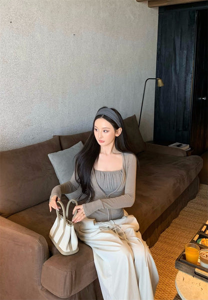 25Nov. 法式純欲感褶皺背心開衫2件組 休閒闊腿褲 灰卡色系