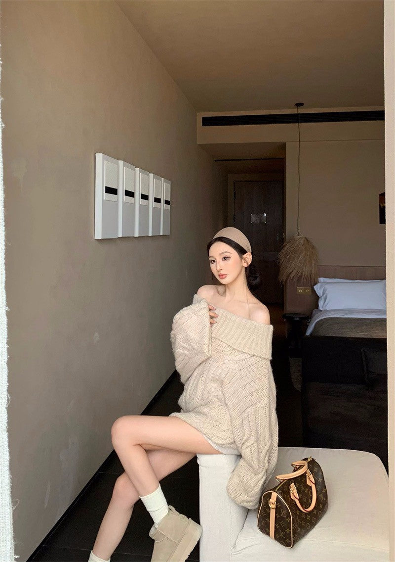 25Dec. Romantic慵懶純慾vibe一字領麻花針織上衣 卡