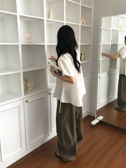 25Aug. 甜美花瓣袖娃娃領襯衫 藍/米杏