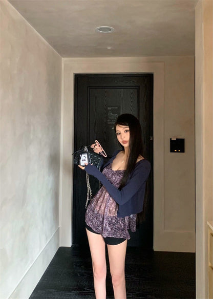 May. Za秘境花園 法式雪紡碎花背心 藍色小罩衫