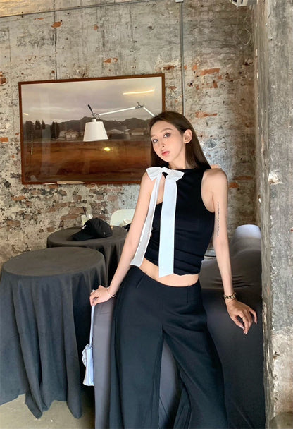 25Jul. 珍妮撞色蝴蝶結小香背心 黑