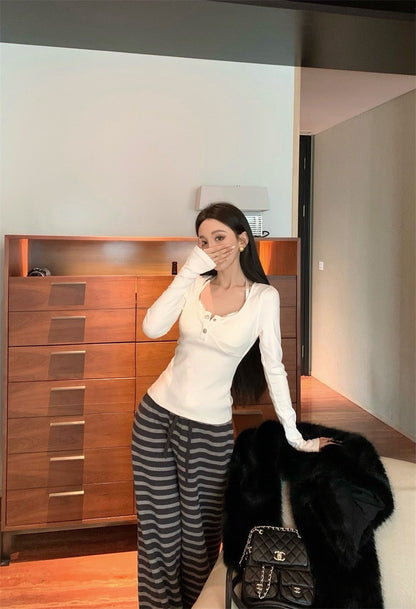 Feb. 居家舒適穿 假兩件式自帶胸墊上衣 白