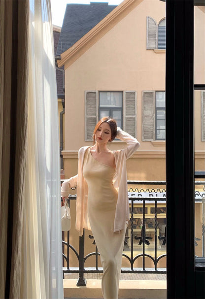 25Nov. 嫩奶黃氣質針織斜領連身裙 防曬開衫