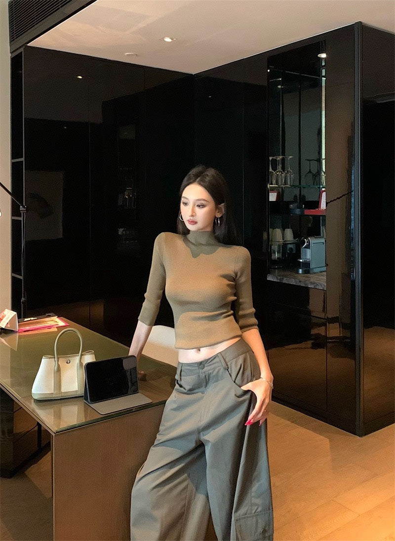 25Nov. 休閒酷妹美式高領上衣 口袋闊腿工裝褲 卡色系