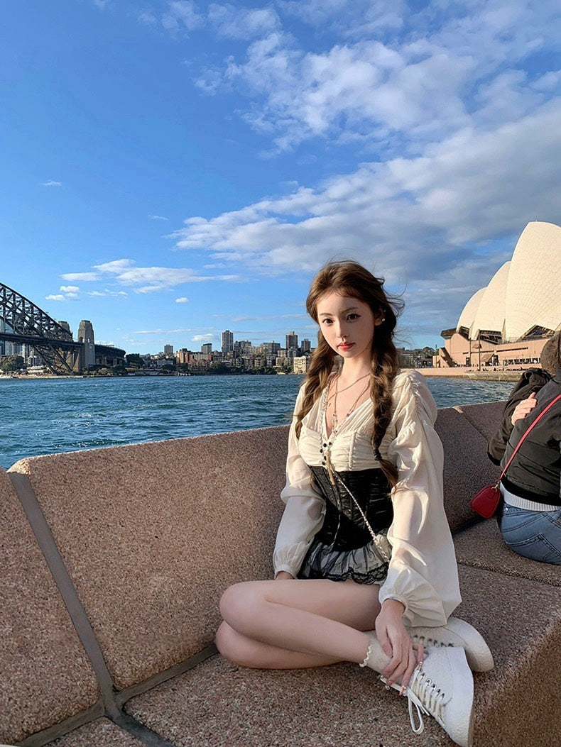 25Nov. 「拜占庭宮風」復古V領摺紗純慾感半身裙套裝（附腰封）杏