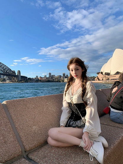 25Nov. 「拜占庭宮風」復古V領摺紗純慾感半身裙套裝（附腰封）杏