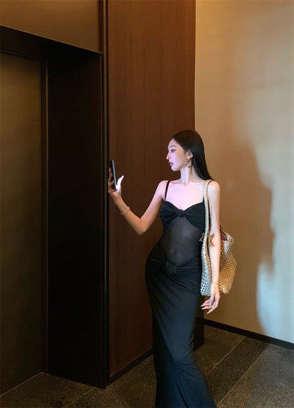 25Aug. 歐美女明星性感拼接紗吊帶連身裙 黑