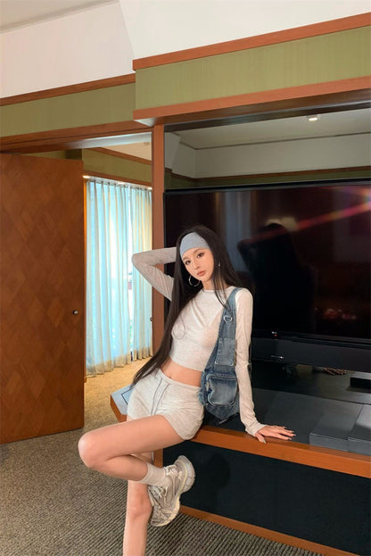 26Apr. 白女休閒套裝 純色顯瘦短褲套裝 花灰
