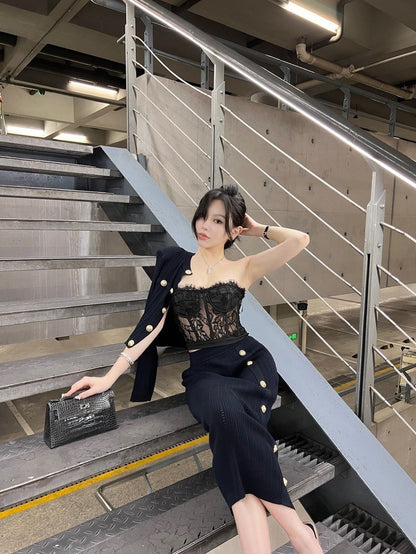 Mar. B牌金釦 高雅紙片人針織半身裙套裝 黑