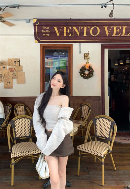 25Nov. 溫柔厚磅軟糯糯抹胸開衫2件組 咖色半身褲裙