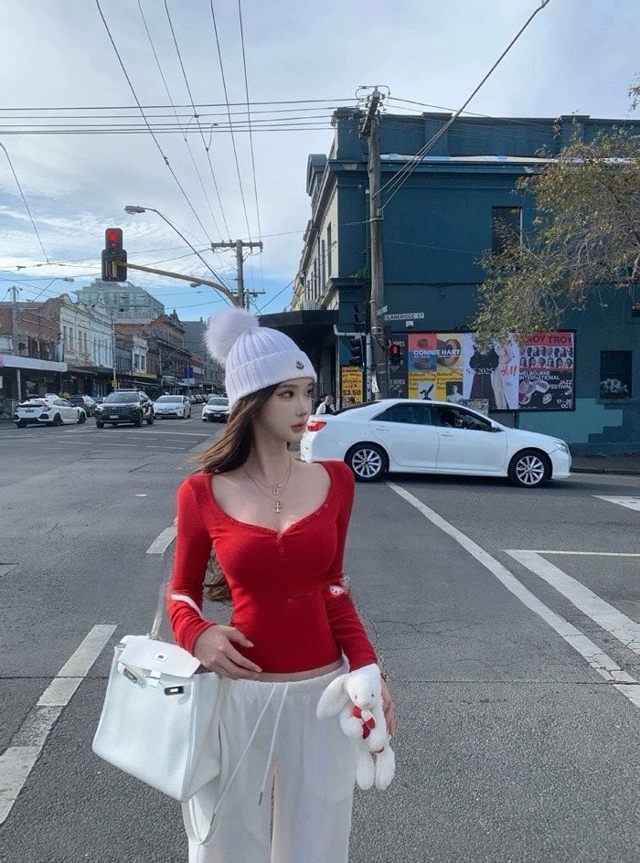 25Nov. 嫩妹天菜2.0桃心領修身長袖T恤 紅色/淺灰