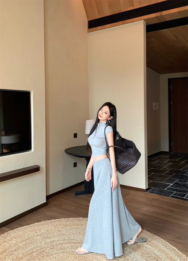 Jun. 簡約歐美 基礎色正肩彈力上衣傘狀半身裙套裝 灰