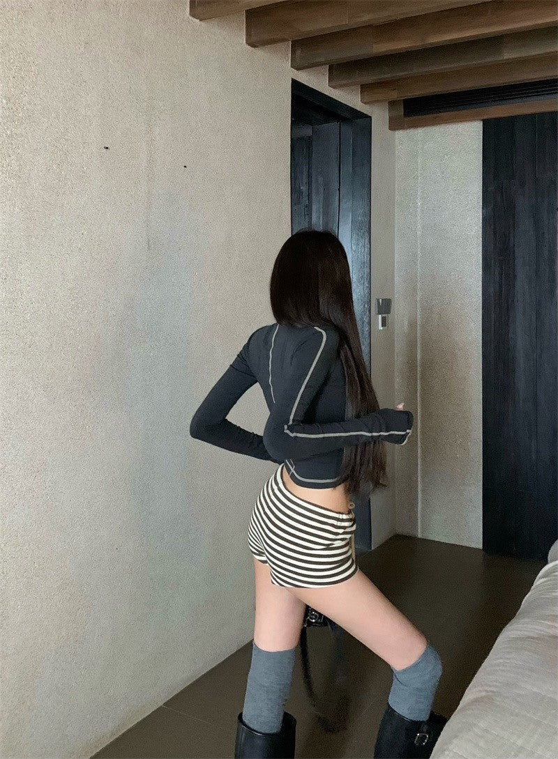 Jan. 休閒高圓領彈力明線設計感上衣 灰