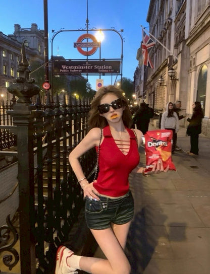 Jun. 新款idol天菜 純欲顯瘦polo領針織背心 克萊因藍/辣椒紅/薑黃