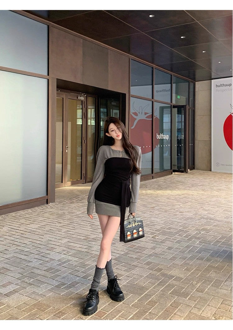 26Feb. 韓感名模氣質繫帶撞色疊穿連身裙套裝 黑灰