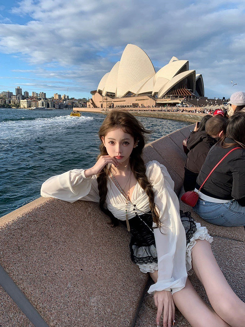 25Nov. 「拜占庭宮風」復古V領摺紗純慾感半身裙套裝（附腰封）杏