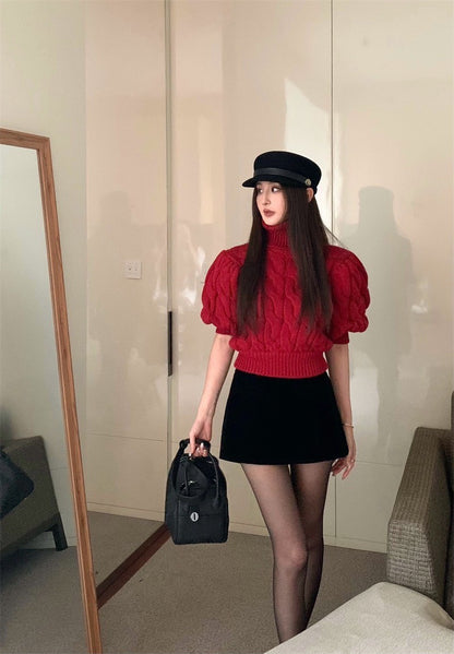 Feb. 俄羅斯娃娃 泡泡袖高領五分袖針織上衣 黑色A字裙