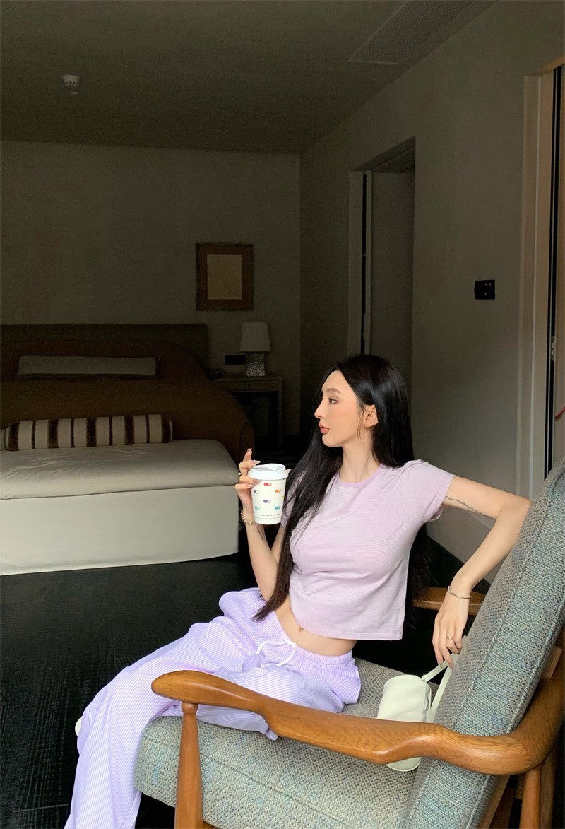 25Jul. 簡約控 居家休閒圓領上衣 條紋鬆緊休閒褲 粉紫