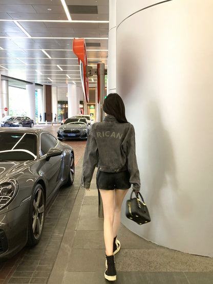 25Dec. 美式酷妹刷灰字母機車外套