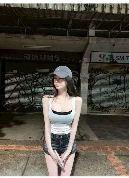 Jun. 出遊神搭 撞色彈力顯瘦兩件式針織背心 粉/白